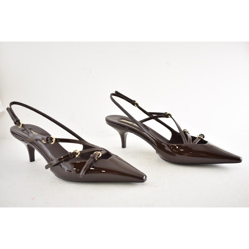 Miu Miu 55 Cacao Brown Patent Buckle Trio Pointed Slingback Kitten Heel Pump 38 - Picture 4 of 16